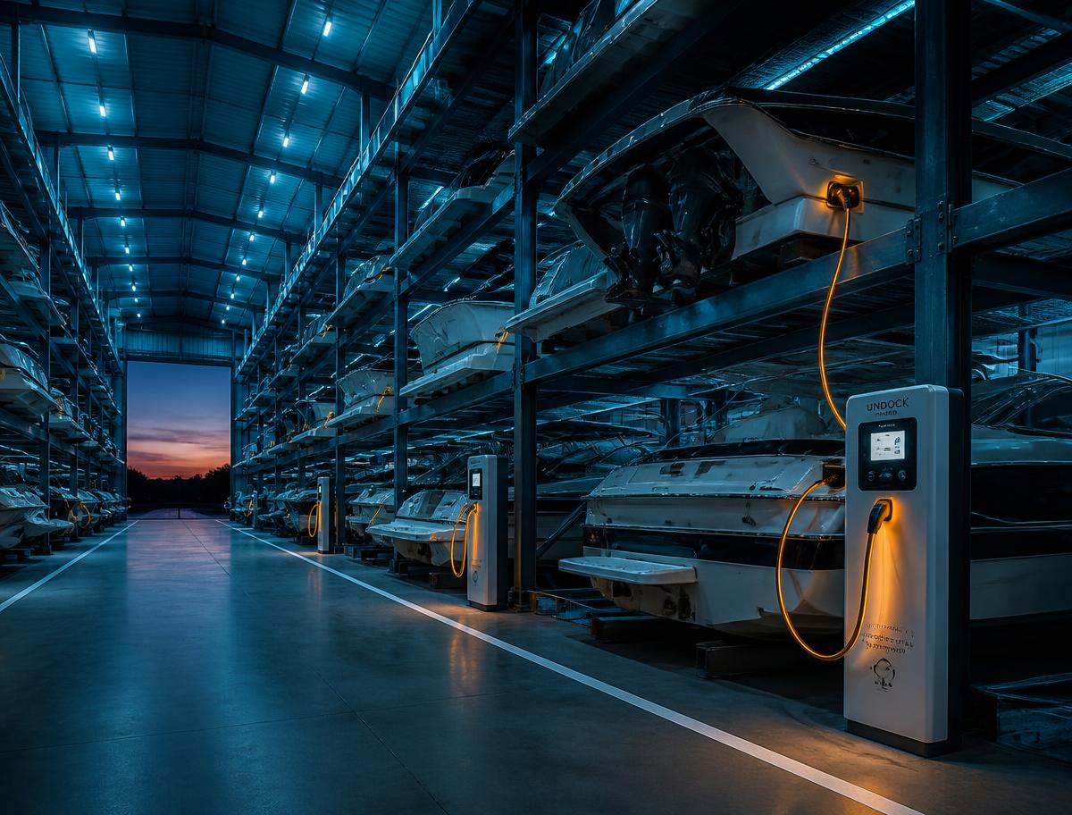 Indoor dry stack boat storage warehouse with charging pedestals plugged into racked boats