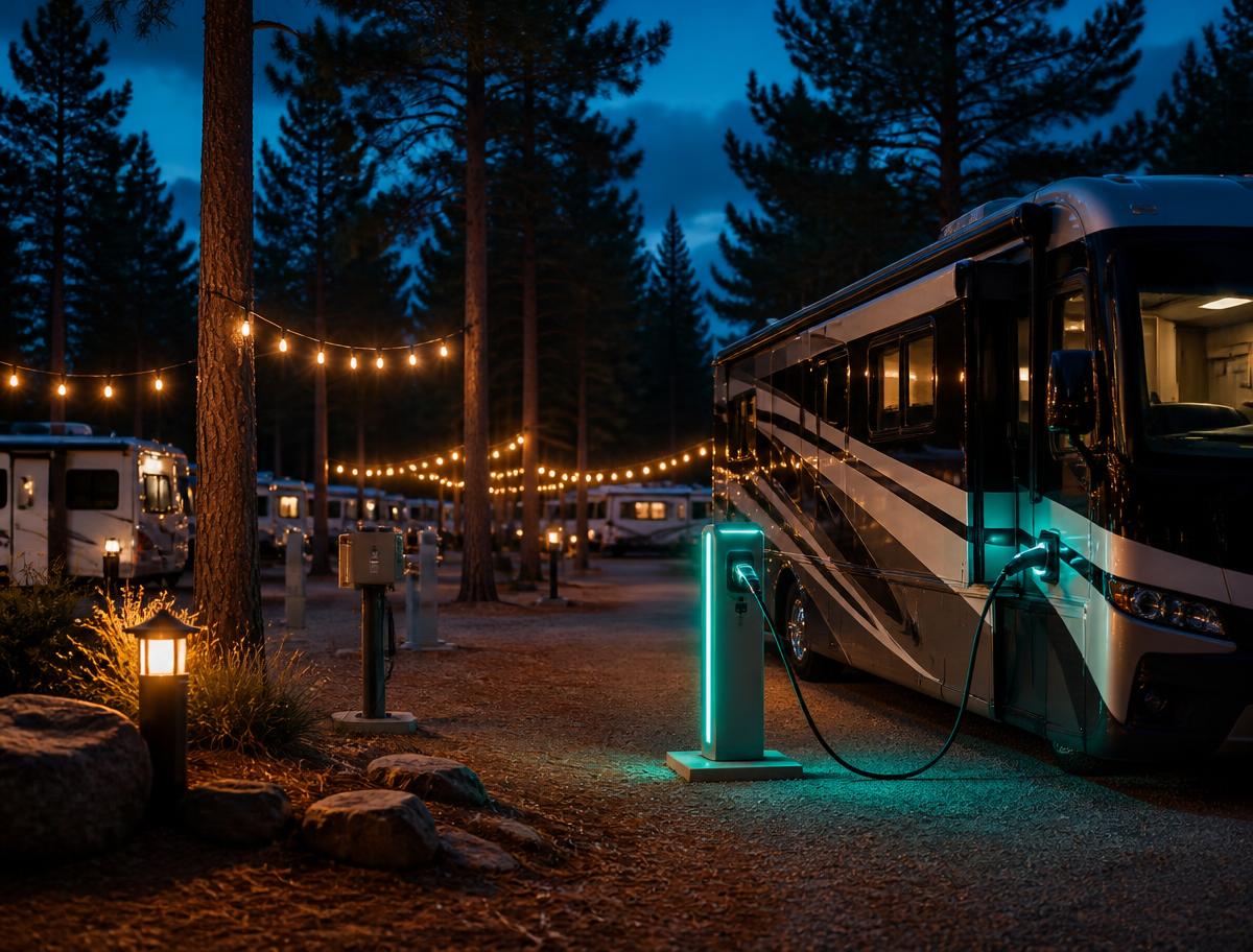Electric RV connected to a lit charging pedestal at a wooded campground at dusk