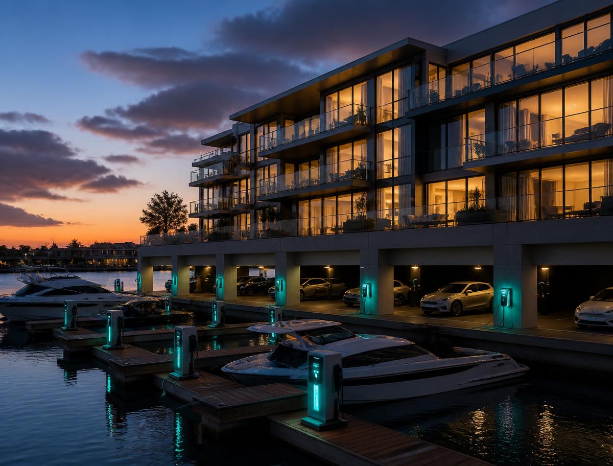 Waterfront condominium building at dusk with private boat slips and lit charging pedestals